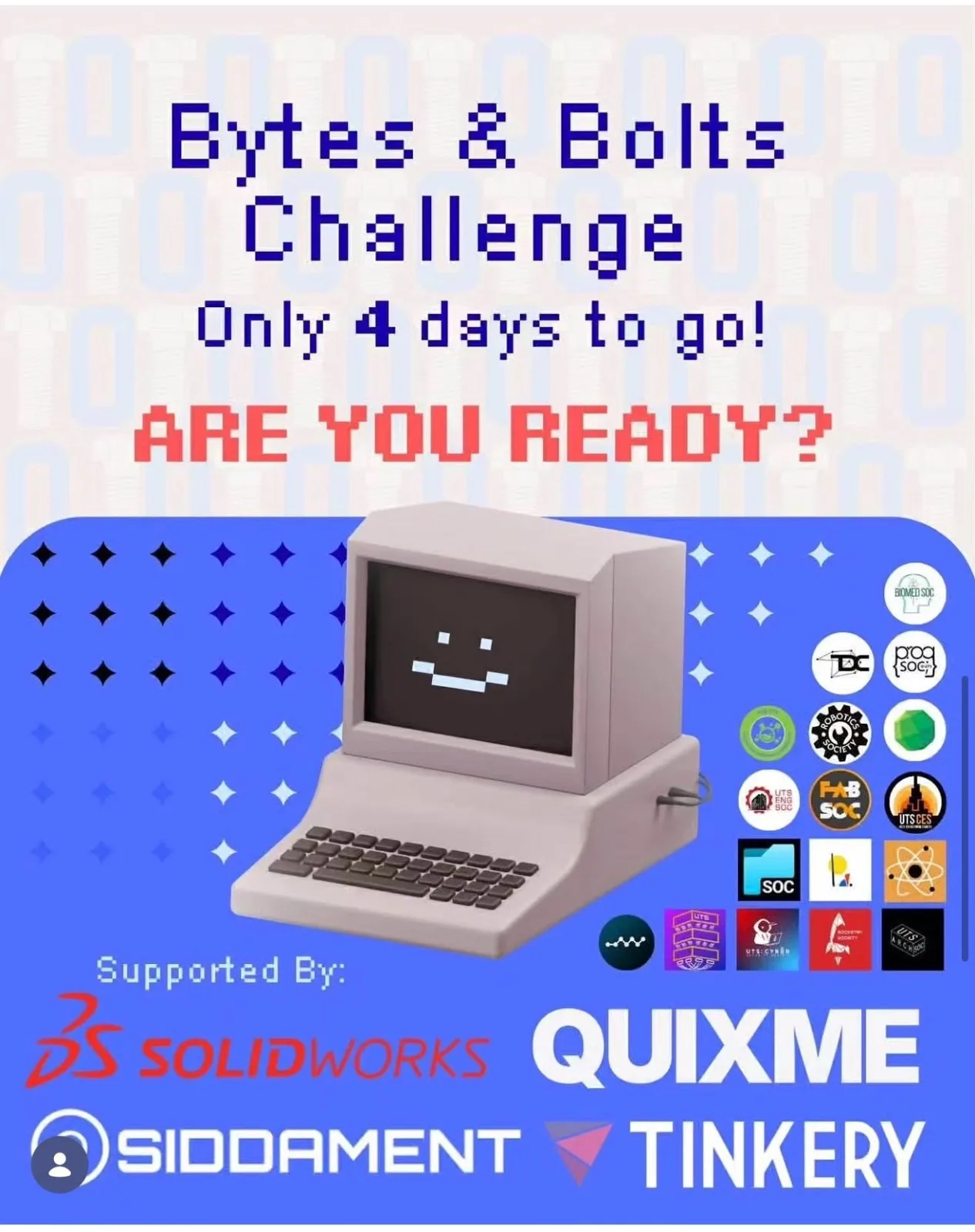 UTS Biomed Society's Bytes & Bolts Challenge post, listing QUIXME as a supporter