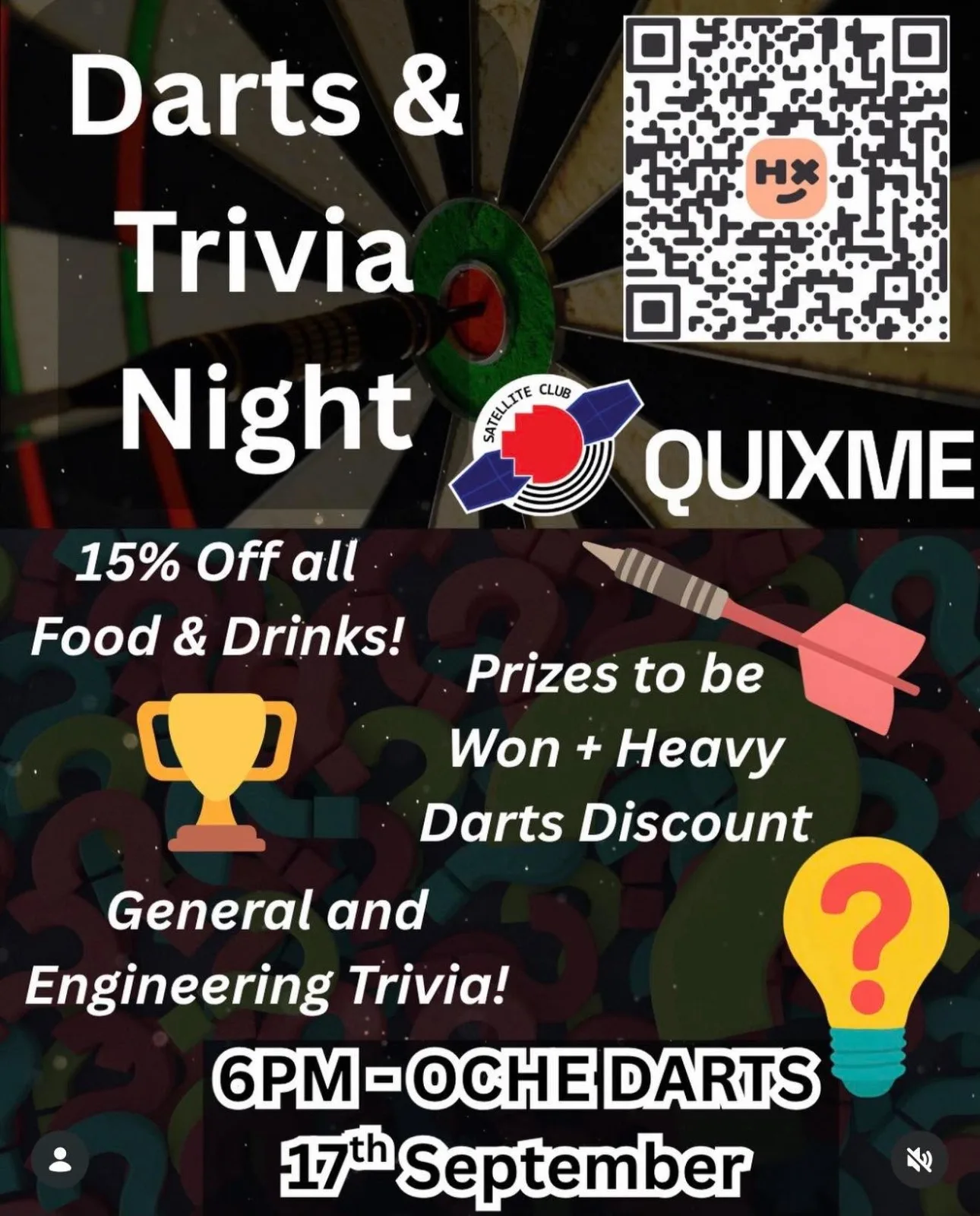 Satellite Club's Darts & Trivia Night post, co-branded with QUIXME