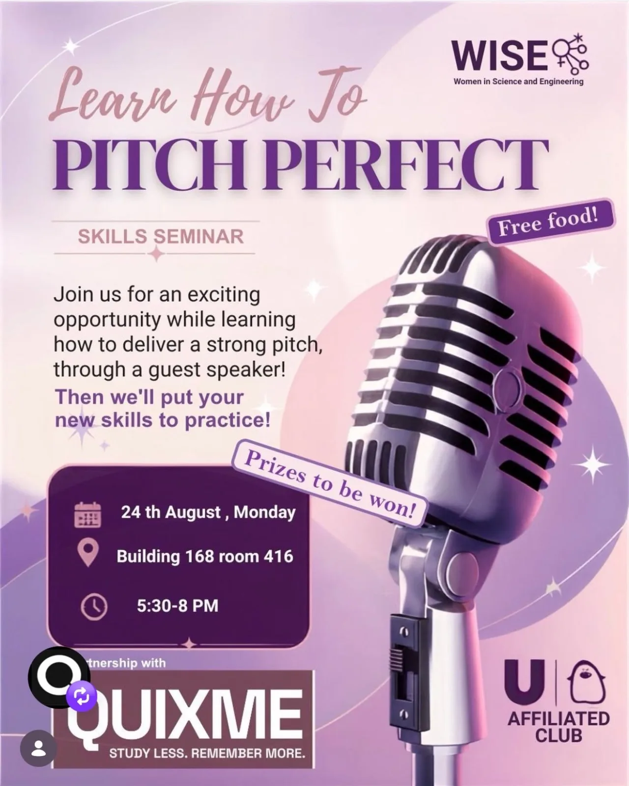 WISE's Pitch Perfect skills seminar post, co-branded with QUIXME